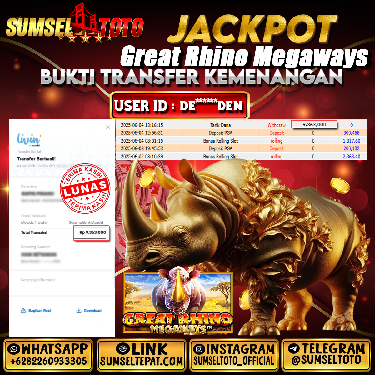 SUMSELTOTO JACKPOT GREAT RHINO MEGAWAYS Rp.9,363,000.,- LUNAS